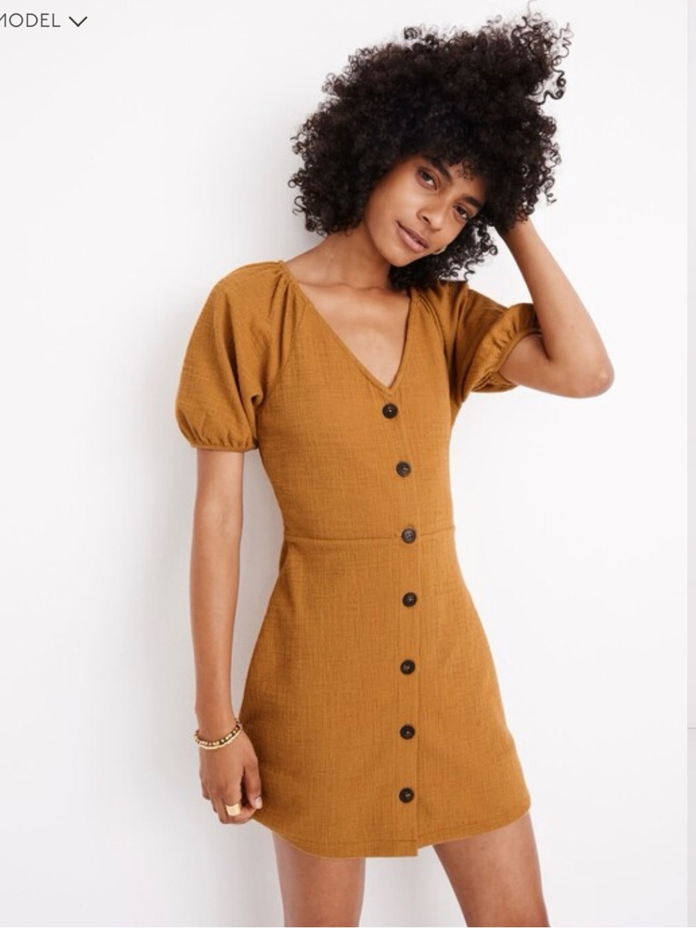Madewell Texture & Thread Sz S Button-Front Puff Sleeve Mini Dress in Mustard